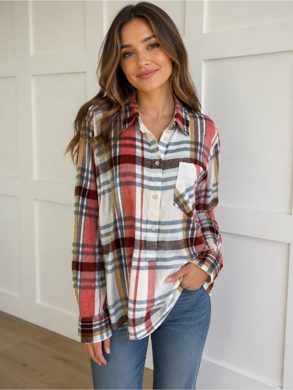 Plaid Flannel Button Front Shirt, Size Large